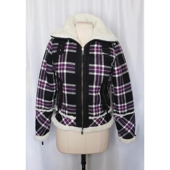 HARLEY-DAVIDSON Purple Black Plaid Fleece Sherpa Lined Coat Moto Motorcycle S - Picture 3 of 13